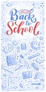 Welcome back to school lettering quote and doodle background. Template for sale tag. Hand drawn badge. Education concept.