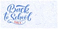 Welcome back to school lettering quote and doodle background. Template for sale tag. Hand drawn badge. Education concept. Royalty Free Stock Photo