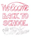 Welcome back to school. lettering red handmade contoured letters on a white background and a linear drawing of school supplies Royalty Free Stock Photo