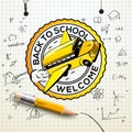 Welcome Back to school logo, checkered paper sheet texture, freehand drawing background, vector illustration.