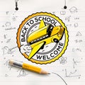 Welcome Back to school logo, school notebook paper sheet, freehand drawing background, vector illustration.