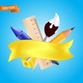 Welcome back to school - objects set with pencil, ruler, pen, sharpener, paintbrush. Vector illustration with realistic