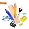 Welcome back to school - objects set with pencil, ruler, pen, sharpener, push pin, paper clip, glasses, paintbrush. Vector