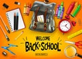 Welcome Back to School In Orange Background Banner with  Black Backpack and School Supplies Royalty Free Stock Photo