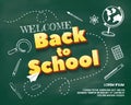 Welcome back to school poster with chalkboard background and doodles