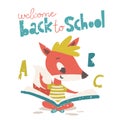 Welcome back to school poster with cute fox character reading a book.