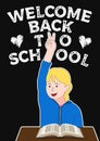 Welcome back to school poster. Smiling Schoolgirl Shows Victory Gesture