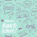 Welcome Back To School Seamless pattern. Vector children`s hand drawn illustration in modern colors. Royalty Free Stock Photo