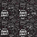 Welcome Back to school seamless pattern. Vector hand draw set elements on black chalk board. Royalty Free Stock Photo