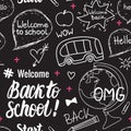 Welcome Back to school seamless pattern. Vector hand draw set elements on black chalk board. Royalty Free Stock Photo