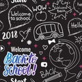 Welcome Back to school 2018 seamless pattern. Vector hand draw set elements on black chalk board. Royalty Free Stock Photo