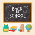 Welcome back to school. Set of different school supplies, school board and lettering. Royalty Free Stock Photo