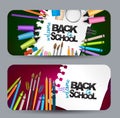 Welcome back to school. A set of horizontal banners, gift cards or vouchers. Study supplies lying over torn out sheet of paper. Royalty Free Stock Photo