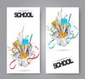 Welcome back to school a set of vectical banners with an open gift box with flowing out study supliies.