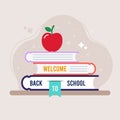 Welcome back to school square banner. A red apple on top of a stack of school books. Concept of education. Vector illustration, Royalty Free Stock Photo