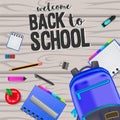 Welcome back to school with stationary and bag on the wood background Royalty Free Stock Photo