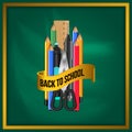 Welcome back to school with stationary pencil, marker, scissors, ruler, color group