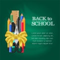 Welcome back to school with stationary pencil, ruler, scissors with golden ribbon gift Royalty Free Stock Photo