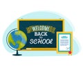 Welcome back to school text on blackboard with globe and diploma. Educational theme with chalkboard and geography tool Royalty Free Stock Photo