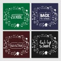Welcome back to school text drawing by colorful chalk in blackboard with school items and elements. Royalty Free Stock Photo
