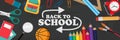 Welcome back to school text drawing by colorful chalk in blackboard with school items and elements. Vector illustration banner Royalty Free Stock Photo