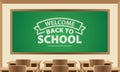 Welcome Back to school text symbol on chalkboard with classroom Royalty Free Stock Photo
