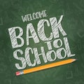 Welcome back to school vector banner with chalk stylized text on a green blackboard background with a pencil. Vector illustration Royalty Free Stock Photo