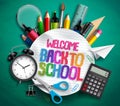 Welcome back to school vector banner with school supplies, education elements and colorful text Royalty Free Stock Photo