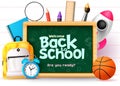 Welcome back to school vector design. Back to school text in green chalk board, school bag Royalty Free Stock Photo