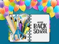 Welcome back to school vector with an open ring notebook, flying colorful balloons, and a pile of study supplies