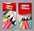 Welcome back to school vertical banners or flyers set for advertisement, discount offer, study supplies sale. Royalty Free Stock Photo