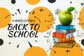 Welcome Back to school web banner, apple and doodle on checkered paper background, vector illustration.