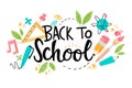 Welcome Back to school web banner, apple and doodle on checkered paper background, vector illustration.