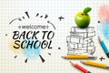 Welcome Back to School web banner, doodle on checkered paper background, vector illustration.