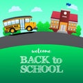 Welcome back to school with yellow bus illustration and school building with blue sky Royalty Free Stock Photo