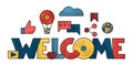 Welcome banner. Bright multi-colored welcome sign on white background with social media icons. Team work. Online community. Vector