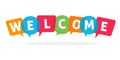 Welcome banner sign blue red green bubbles vector for kids or child funny cute poster graphic illustration with text cartoon
