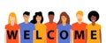 Welcome banner teamwork community. Vector diverse group friend