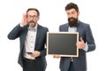 Welcome on board. bearded men hold advertisement blackboard. partners celebrate start up business isolated on white Royalty Free Stock Photo