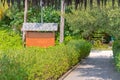 Welcome board in big garden.