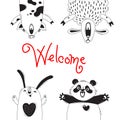 Welcome Card with Funny Animals Pig Sheep Panda Rabbit.