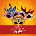 Welcome carnival party bright masks feathers stars confetti banner