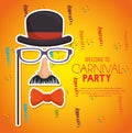 Welcome carnival party gentleman mask confetti yellow background