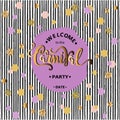 Welcome Carnival Party text, purple & gold circles, black stripes