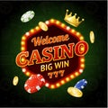 Welcome Casino Concept Light Bulbs Vintage Neon Frame. Vector