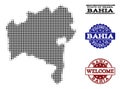 Welcome Collage of Halftone Map of Bahia State and Grunge Seals