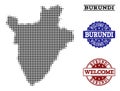 Welcome Collage of Halftone Map of Burundi and Scratched Stamps