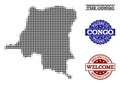 Welcome Collage of Halftone Map of Democratic Republic of the Congo and Scratched Seals