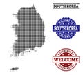 Welcome Collage of Halftone Map of South Korea and Grunge Seals