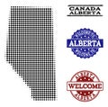 Welcome Composition of Halftone Map of Alberta Province and Scratched Stamps